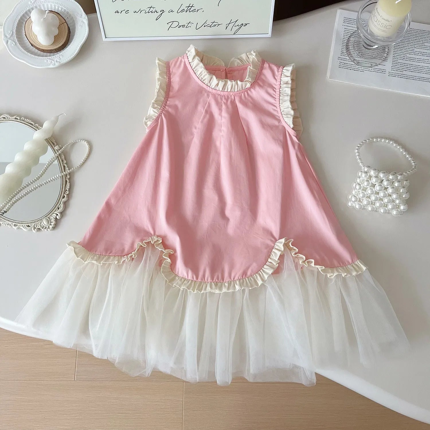 Girls sleeveless mesh princess dress in Korean style, apricot colour, summer wear, suspender design
