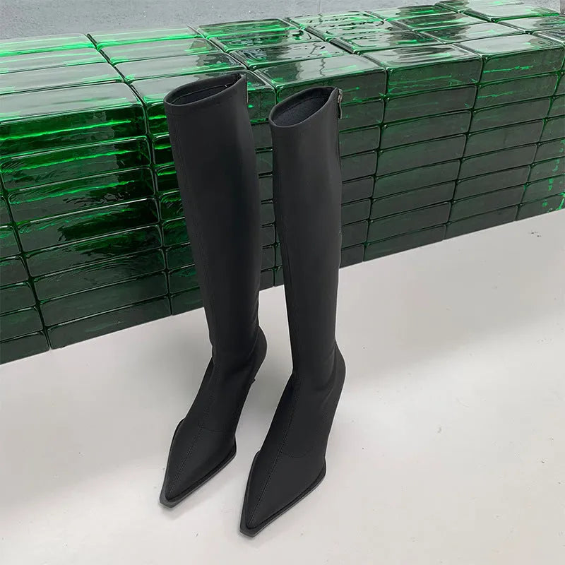 Black women's pointed toe below-knee boots with stiletto heel and back zipper on a white background.