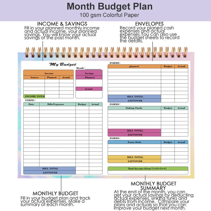B5 spiral-bound budget tally book with PP cover open on a table, showing lined pages for income and expenditure recording.
