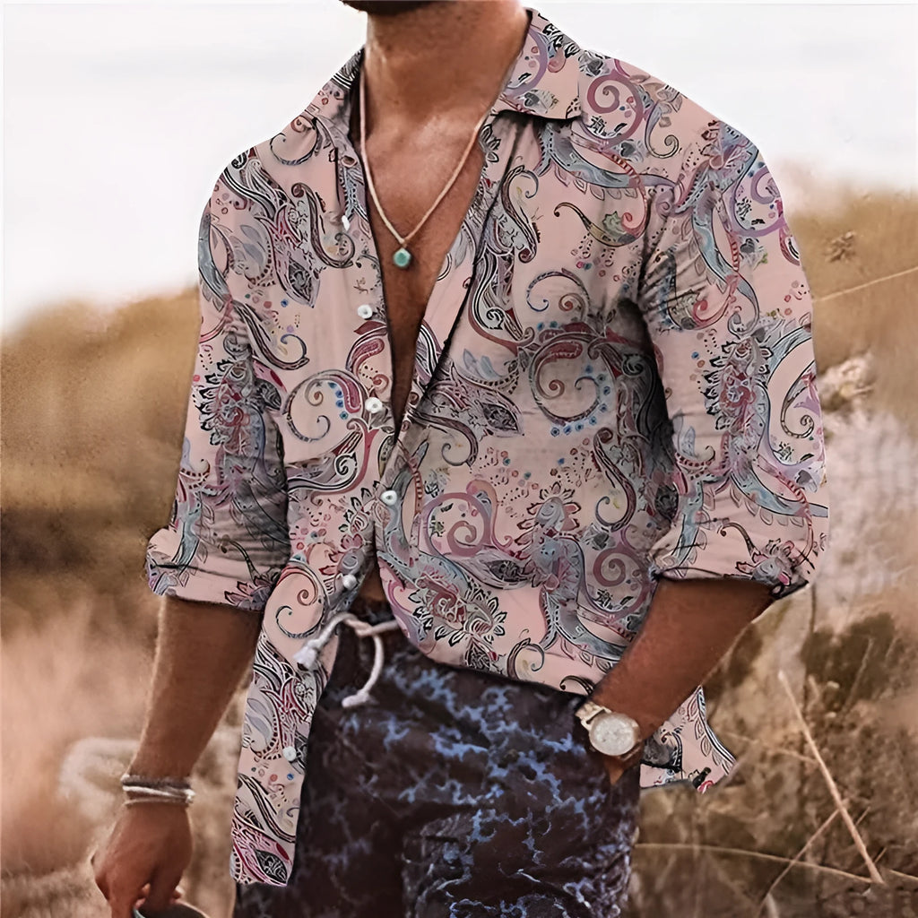 Men's loose fit shirt with 3D floral digital printing and long sleeves for business and casual wear
