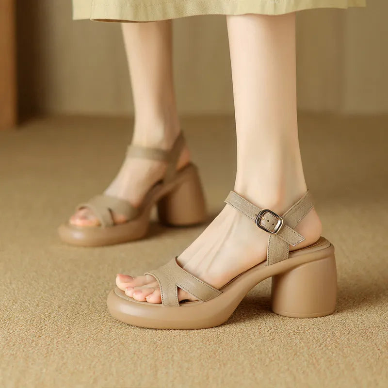 Women's open toe platform sandals in apricot colour with microfiber upper and rubber sole.