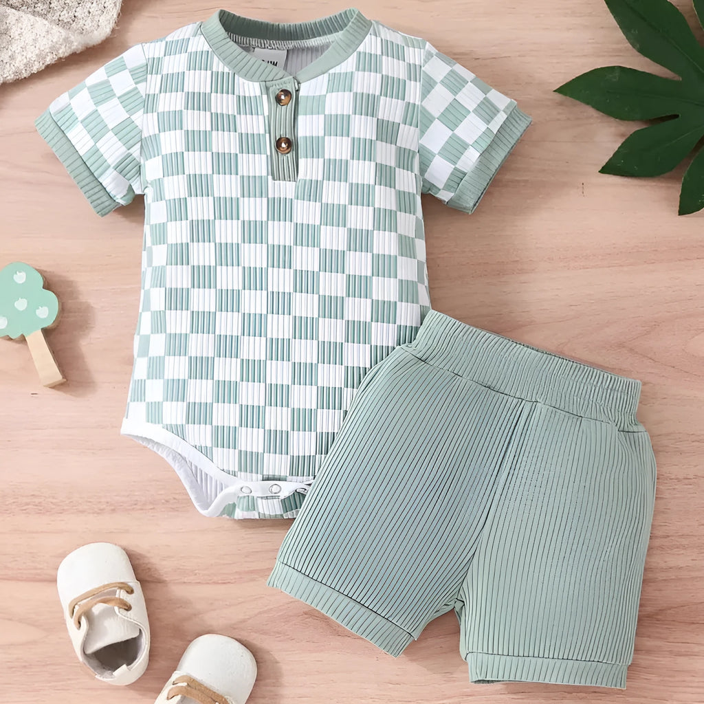 Two-piece baby rompers suit with polo collar and plaid triangle pattern in cotton, green colour