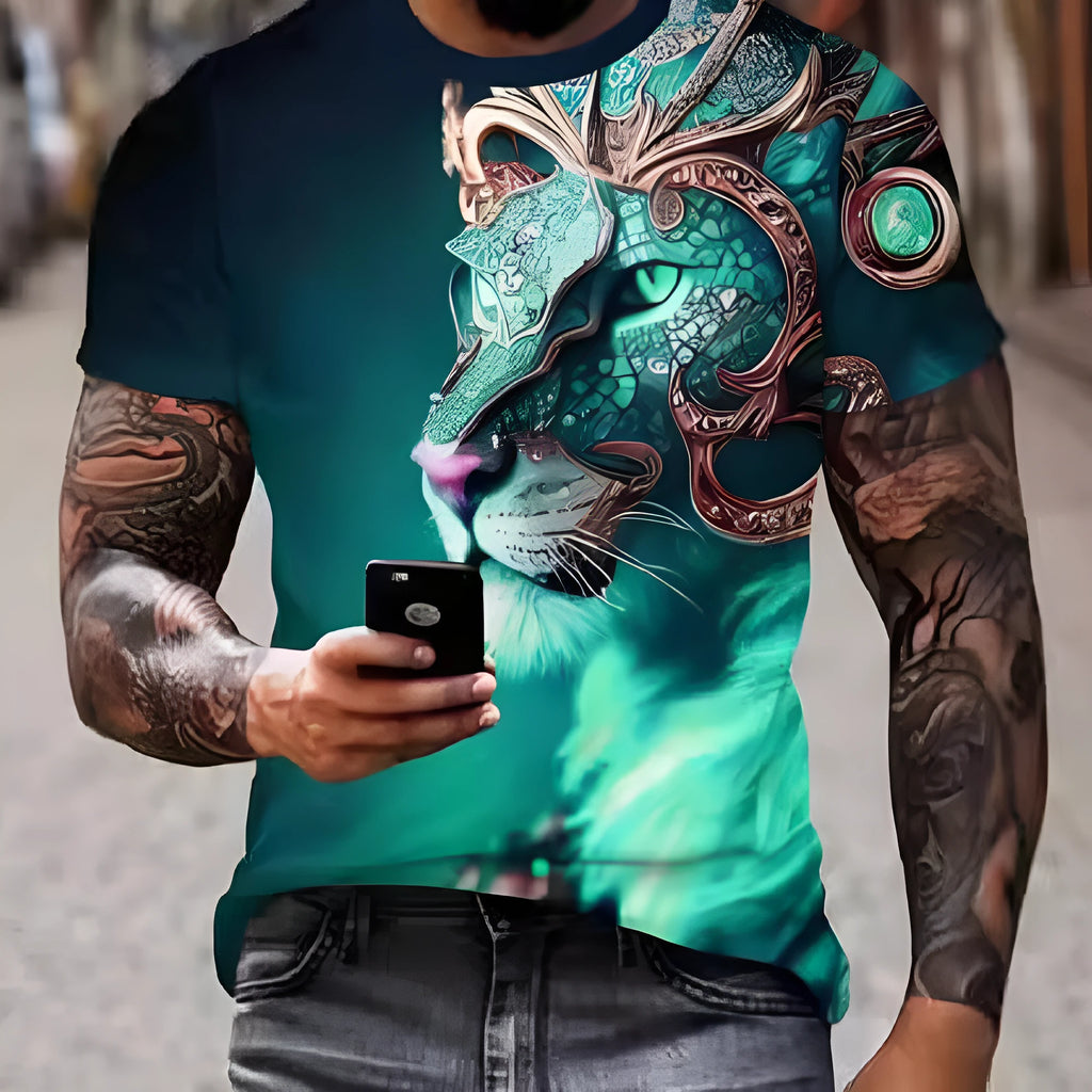 Men's black t-shirt with a large, detailed 3D printed lion design on the front.