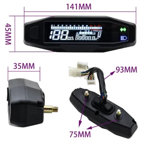 Black motorcycle mini speedometer with LCD display showing speed and oil gauge indicators