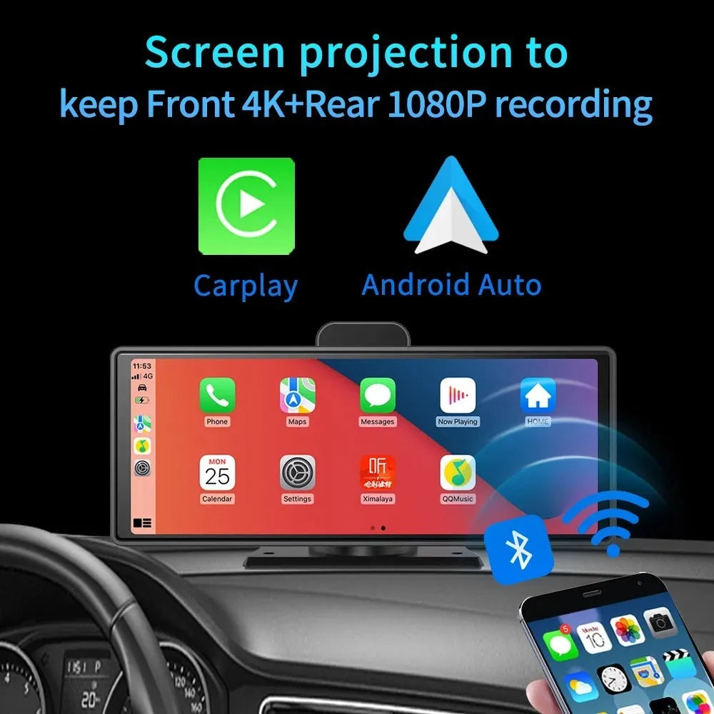 12-inch touchscreen car DVR with front and rear cameras mounted on vehicle dashboard