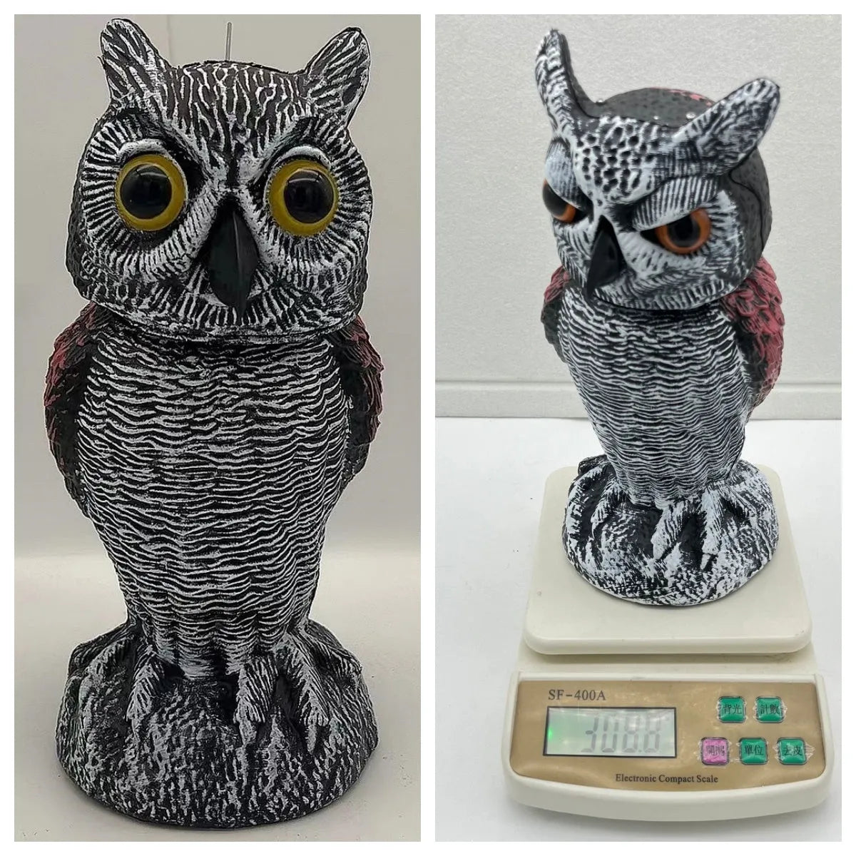 PE plastic artificial owl bird scarer ornament with shaking head, shown in bag-style mounting option.