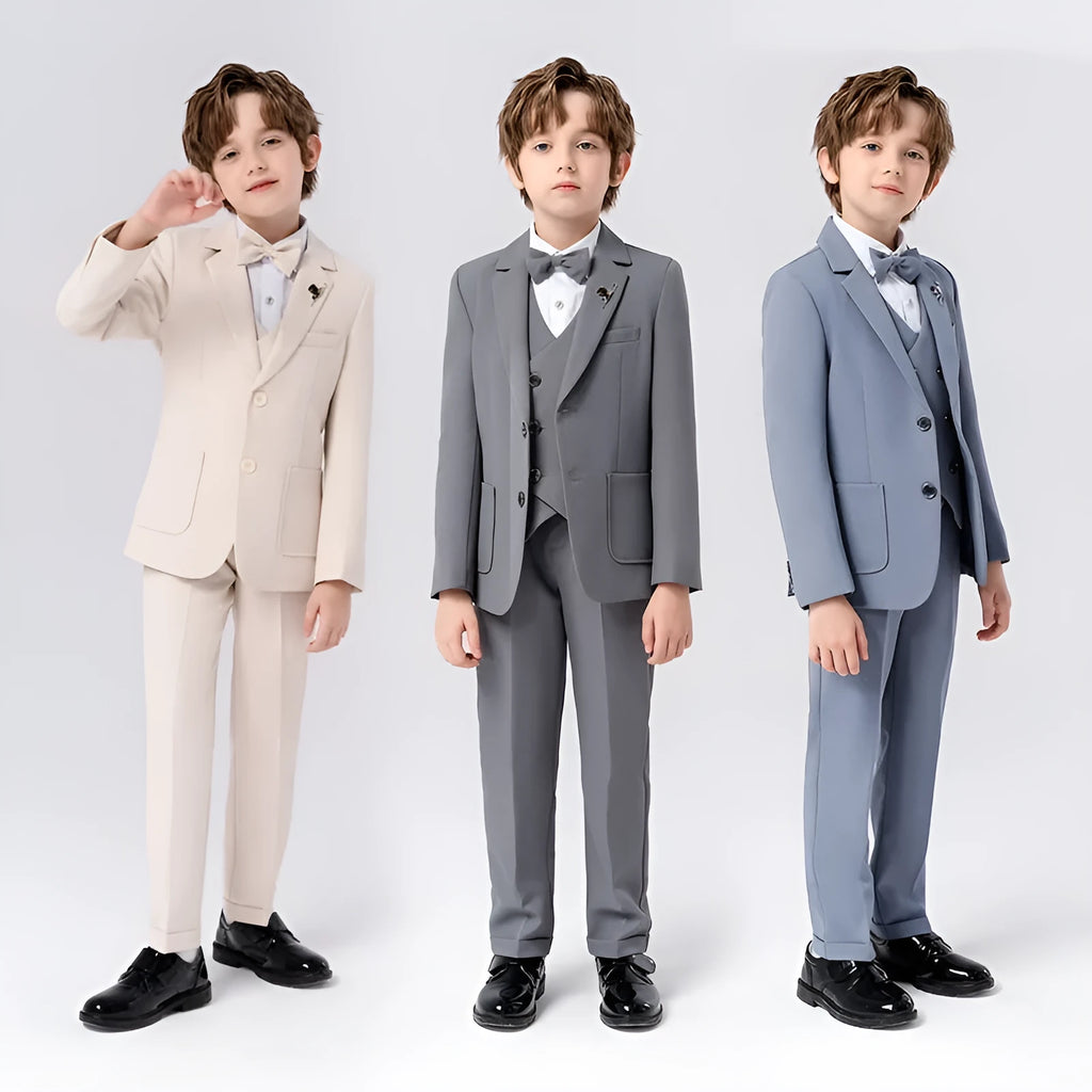 Boys British solid colour suit dress set with single-breasted jacket, long sleeves, vest, bow tie, and brooch in beige blue or gray