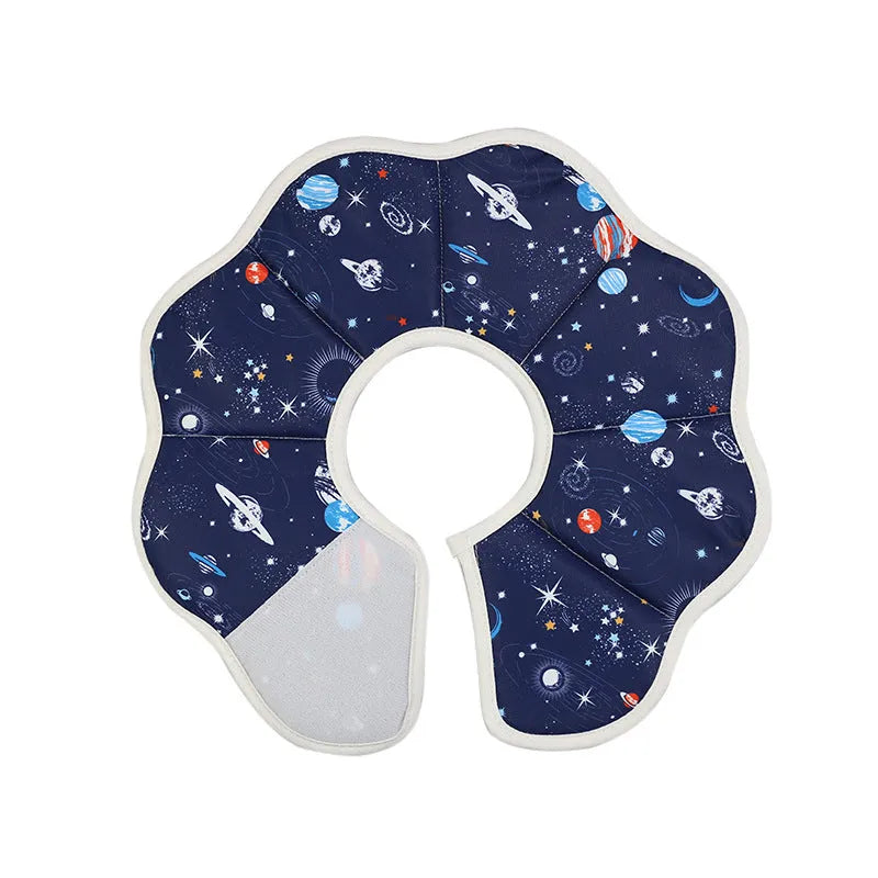 Soft fabric cat recovery collar with adjustable fastener in constellation print