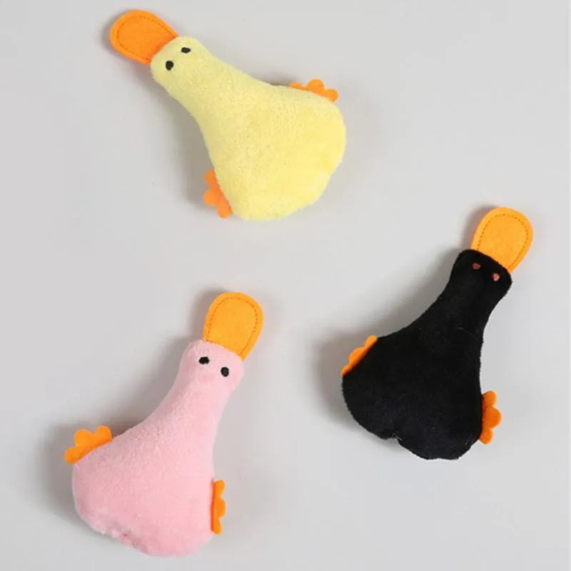 Plush duck pet toy with catnip filling and squeak sound feature in multiple colour options
