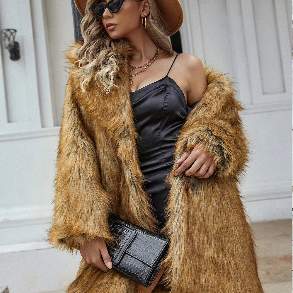 Yellow women's artificial fur coat with loose casual style and regular sleeves