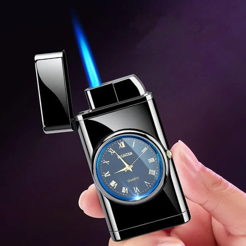 Electronic watch cigarette lighter with LED flashing lamp in metal body showing multiple colour finish options