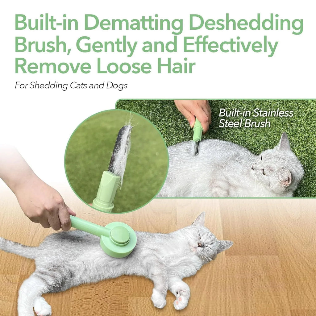 Green and yellow 2-in-1 pet grooming brush with stainless steel teeth and hanging loop.