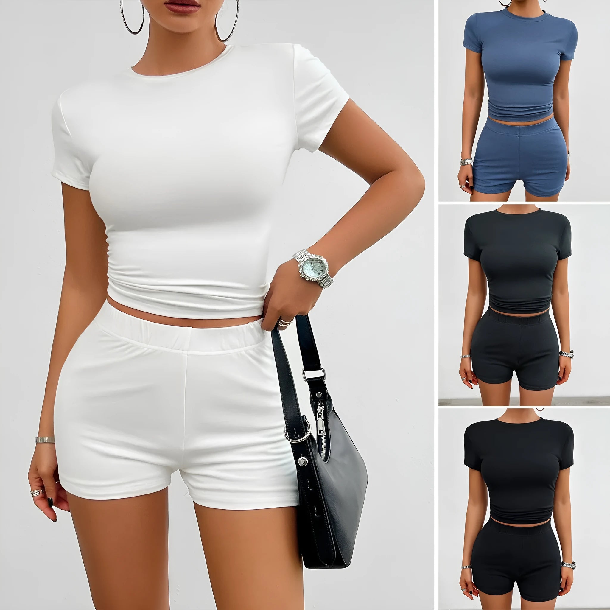 Women's solid colour viscose sports suit set with short sleeve t-shirt and elastic waist shorts