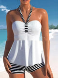 Women's solid colour black and white striped off-shoulder swimsuit in briefs style.