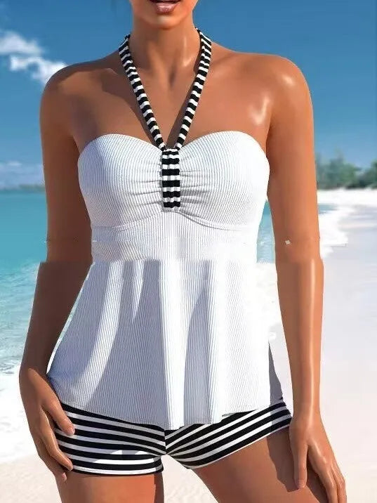 Women's solid colour black and white striped off-shoulder swimsuit in briefs style.