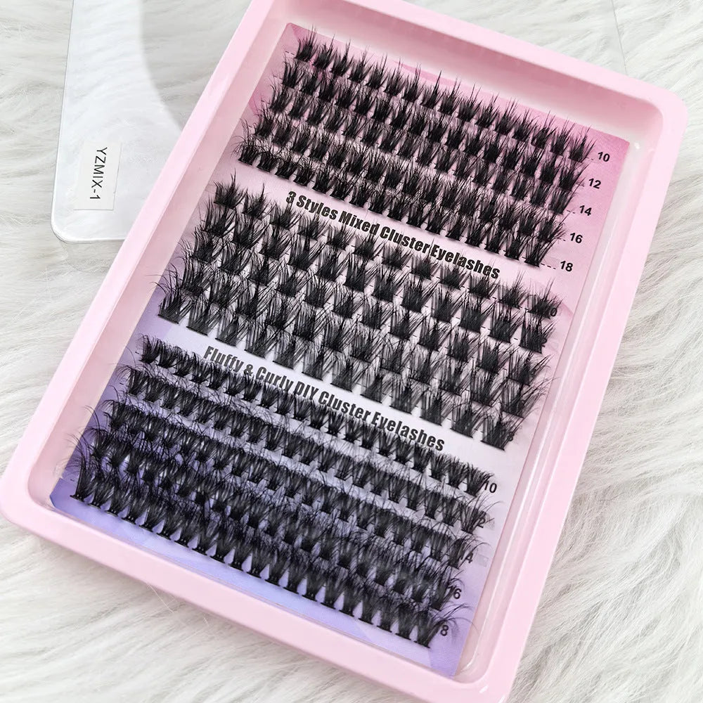 Box of mixed false eyelashes showing five style options with varying volumes from natural to dramatic.