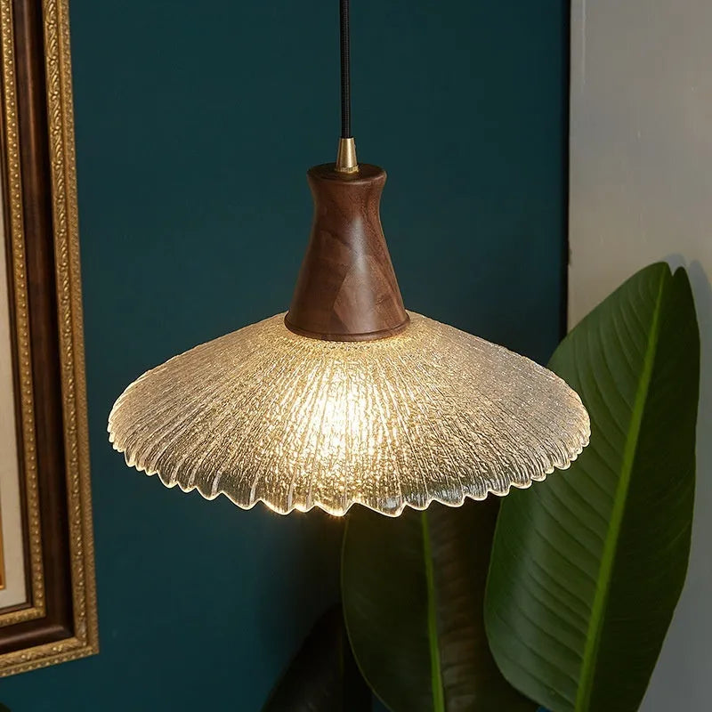 Wooden ceiling chandelier with glass shade and brass electroplating for restaurant lighting