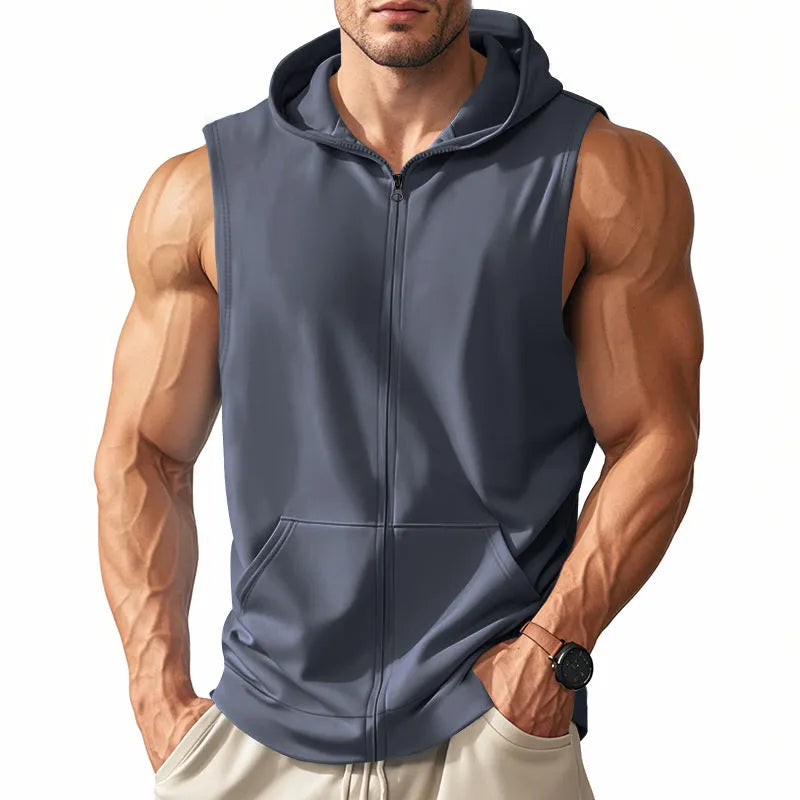 Men's zip-up sleeveless training vest in solid colour with hood and pockets, side view on model