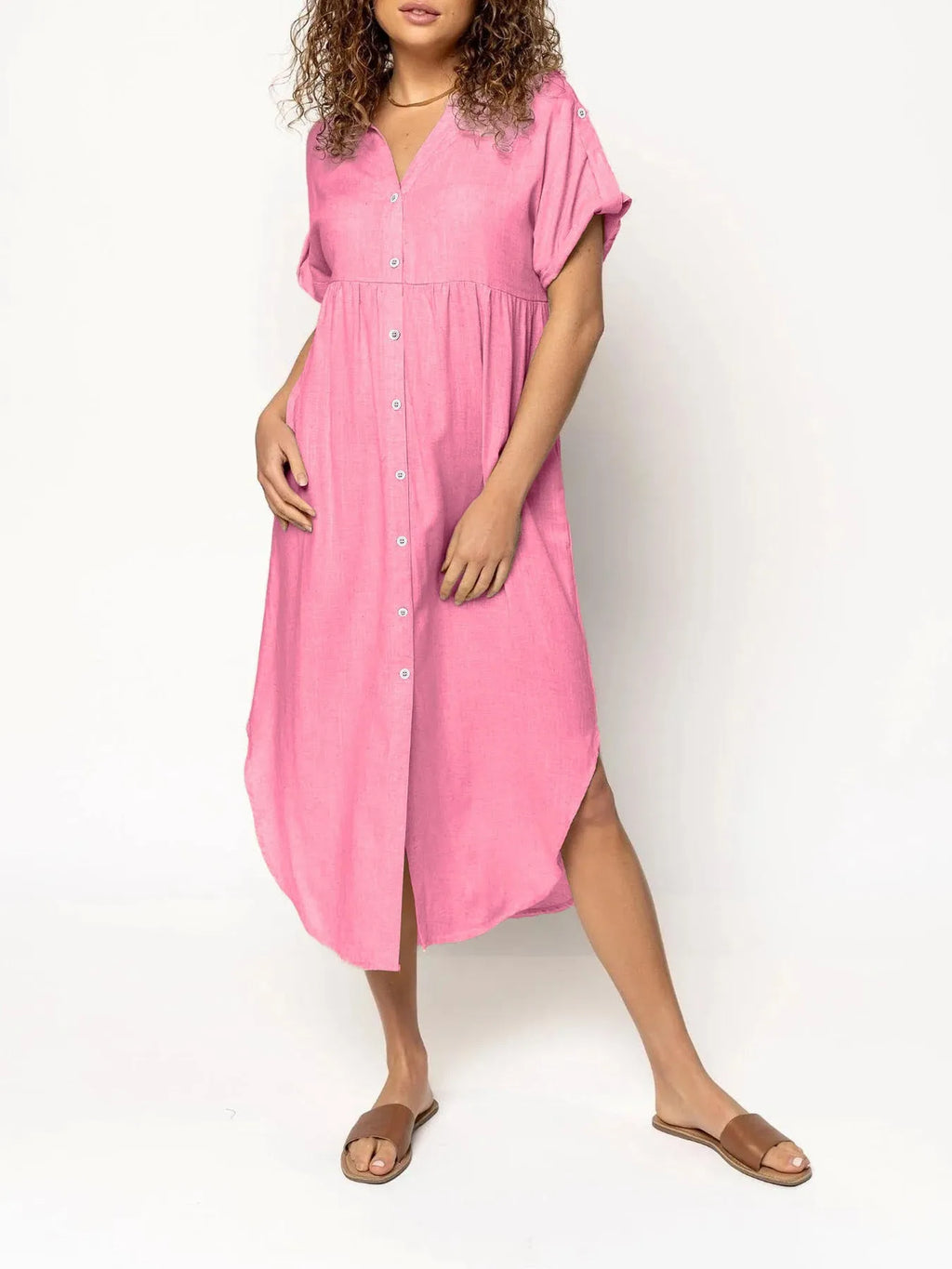 Loose fit casual dress with button front in mid-length design available in multiple solid colours