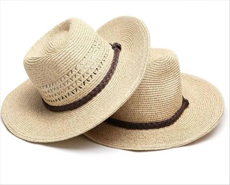 Men's foldable straw sun hat with wide brim in beige colour, shown in collapsed and worn positions