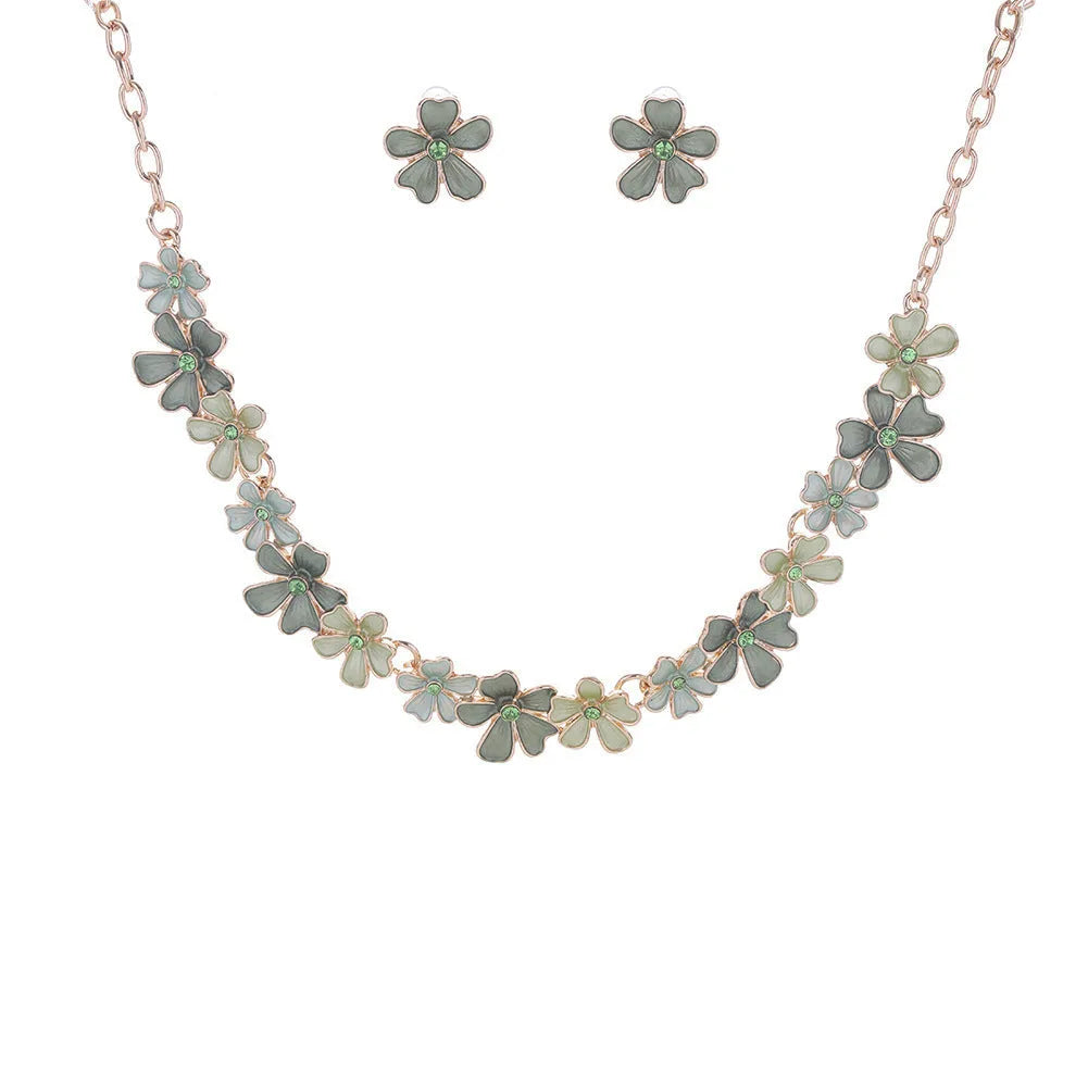 Zinc alloy flower stitching colourful oil necklace and earring set for women with cross chain style