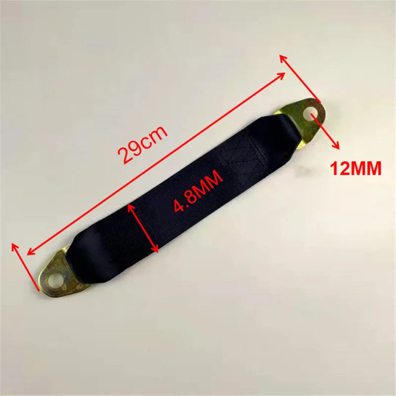 Black polyester door latch and stop fixing belt with screws and nuts on a white background.
