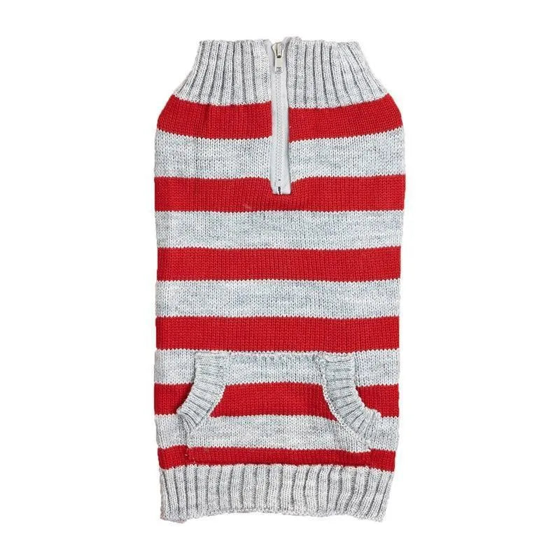 Small dog wearing grey sweater with horizontal zip and button pockets