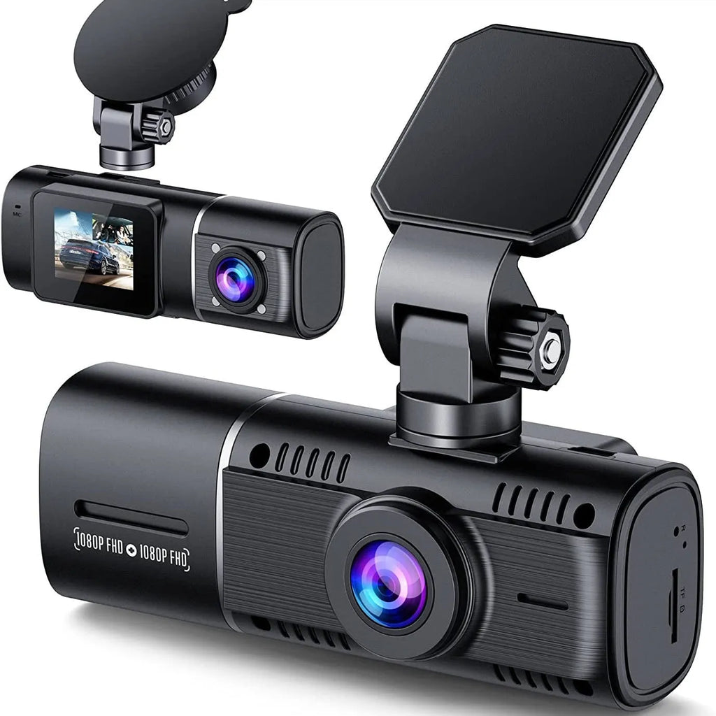 Standard black front and rear dash camera with 1.5-inch screen on a car windscreen.