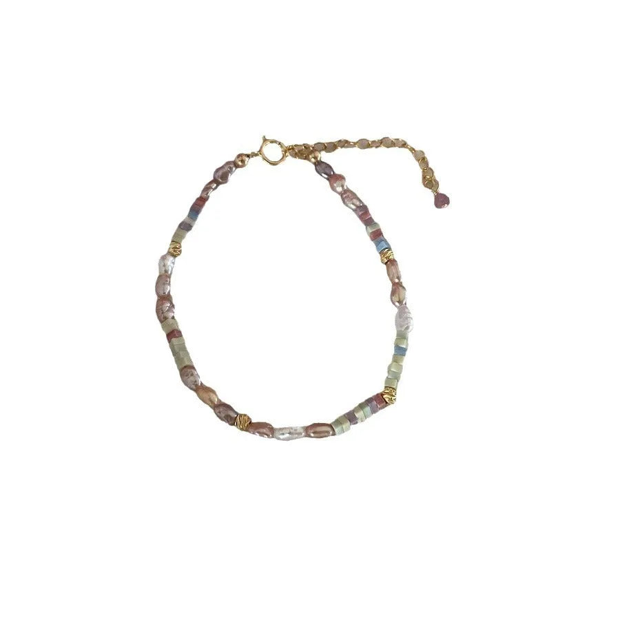 Mini irregular natural pearl bracelet and necklace set with 14K gilded purple and silver finish