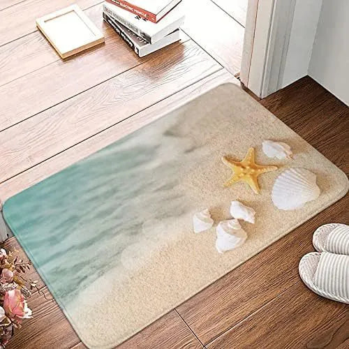 Square flannel floor mat with beach starfish pattern in modern minimalist style for household decor