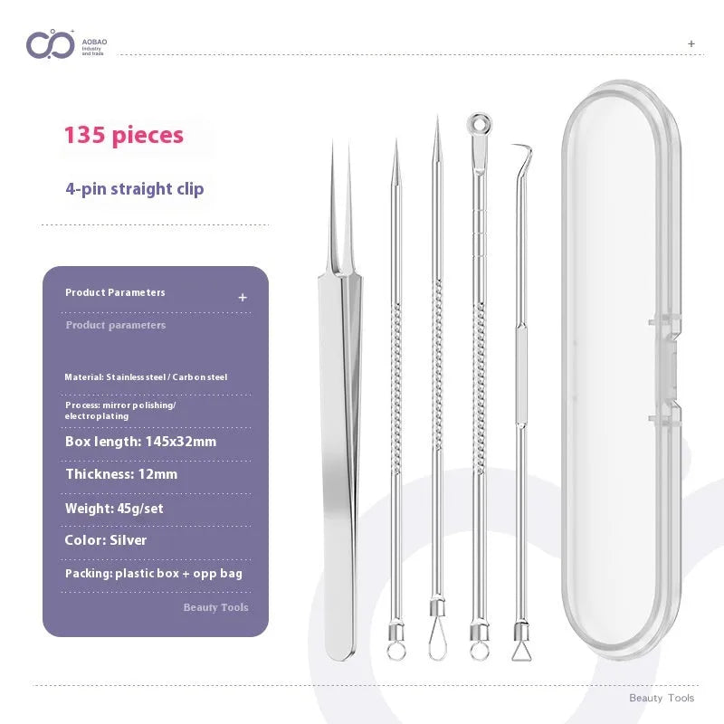 Four silver metal acne needles with ultra-fine pointed tips for skincare extraction.
