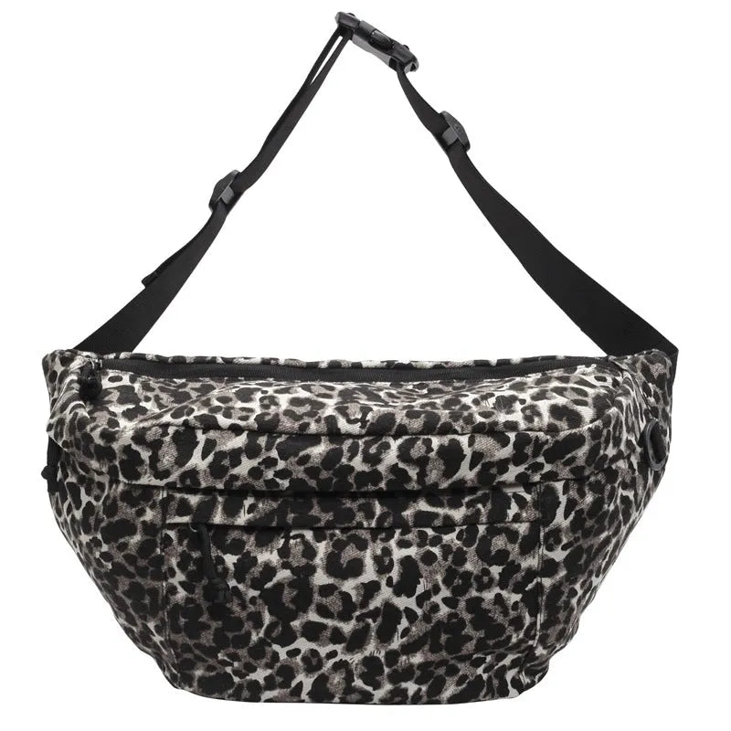 Retro leopard print patchwork canvas chest bag in khaki with soft crossbody design
