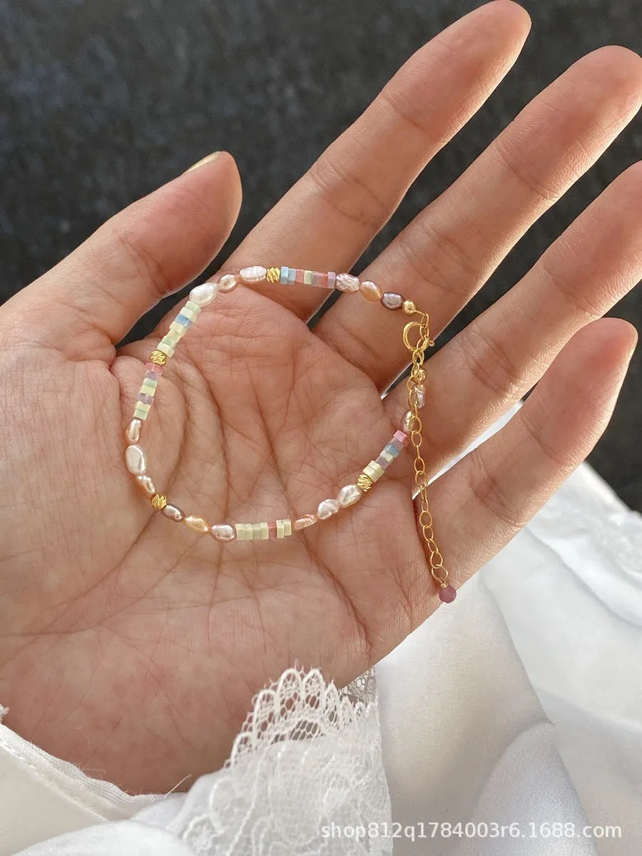 Mini irregular natural pearl bracelet and necklace set with 14K gilded purple and silver finish