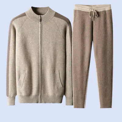 Men's camel cashmere blend half turtleneck zip-up cardigan suit with trousers