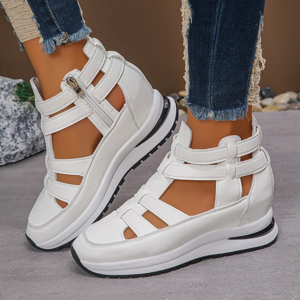Women's black platform sandals with close-toe design and Velcro fastening