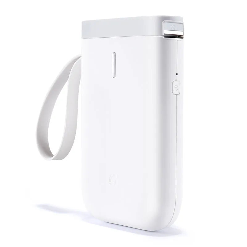 Compact D11 Bluetooth thermal label printer in black, white, pink, or green with smartphone showing label design app.