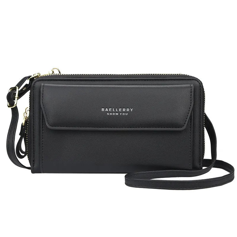 Soft PU leather ladies long wallet with double zipper in horizontal square messenger bag design