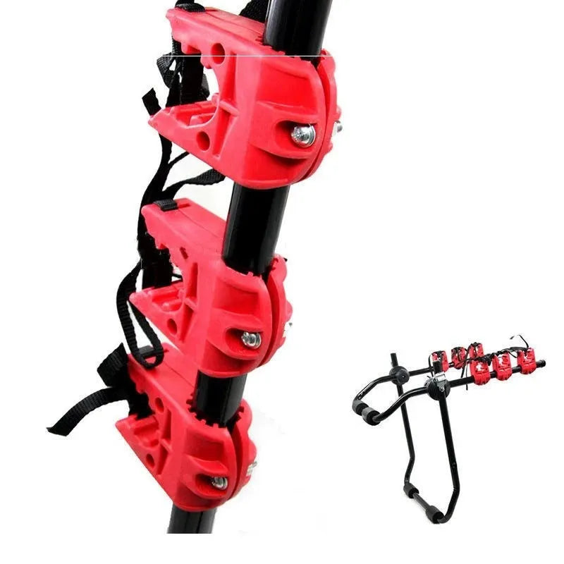 Black and red trunk-mounted car bike rack showing rope or pull belt attachment options.