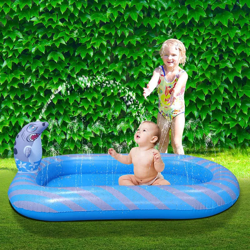 Blue dinosaur-themed inflatable water spray pool measuring 170 cm long for kids and pets