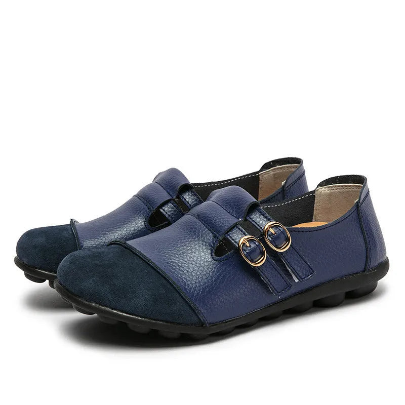 Women's plus size casual Velcro flats with button detail and round toe in leather