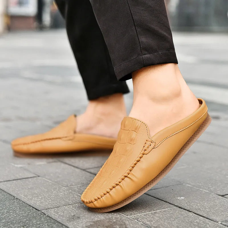Men's black breathable Gommino semi-slippers with artificial PU upper and rubber sole.