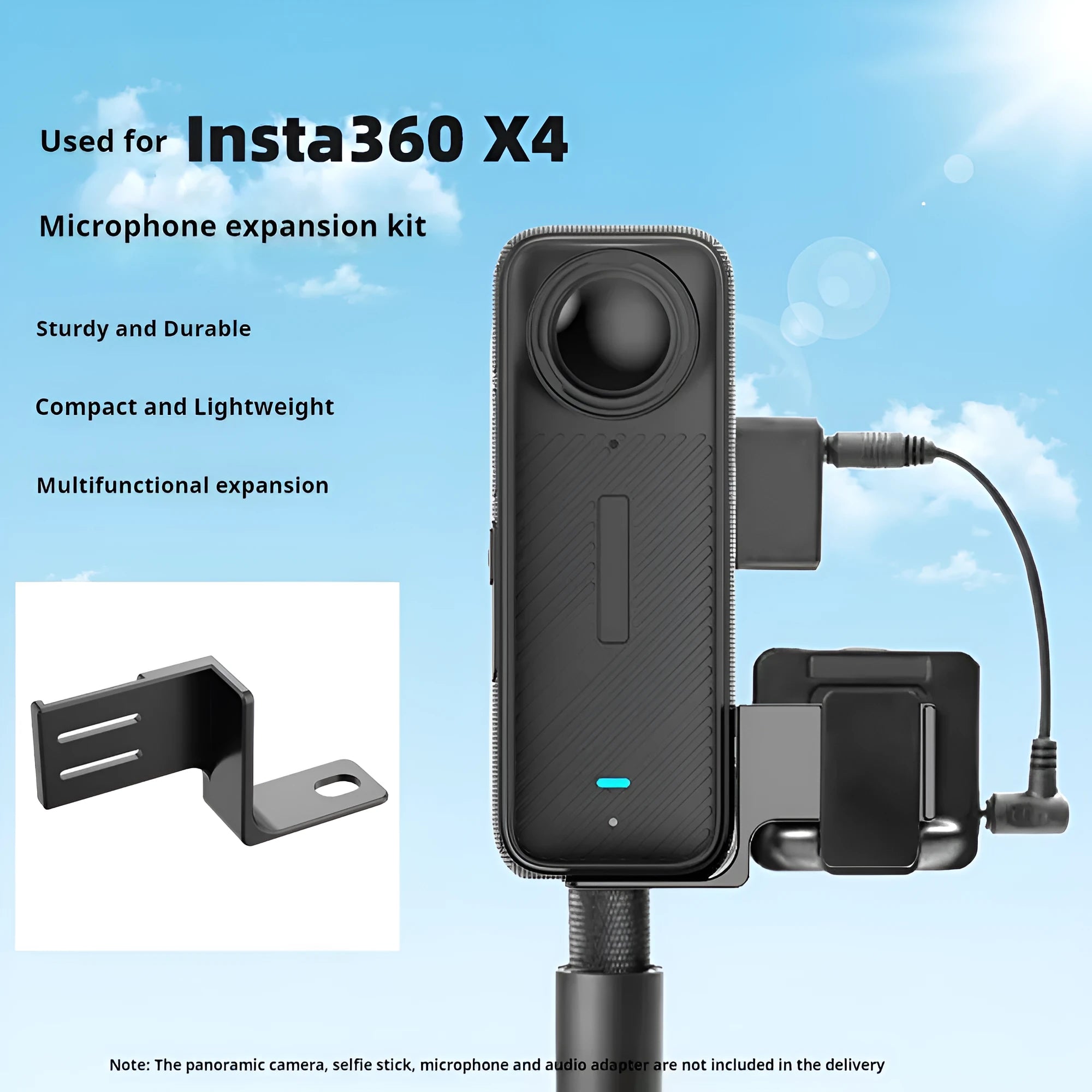 Black aluminium microphone extension bracket with 1/4 inch mount and adapter cable