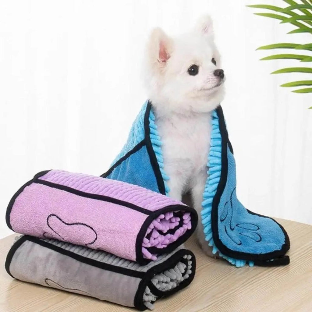 Blue pet bath towel measuring 62 by 23 cm for drying dogs and cats