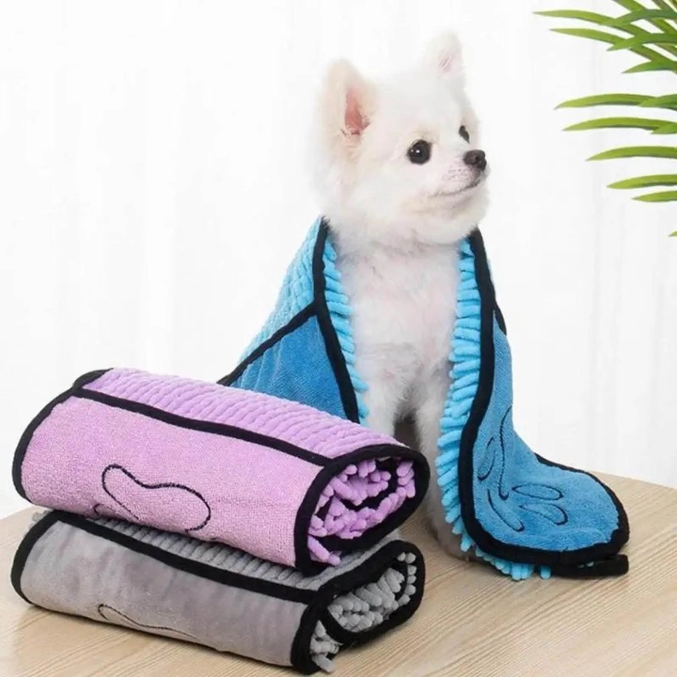 Blue pet bath towel measuring 62 by 23 cm for drying dogs and cats