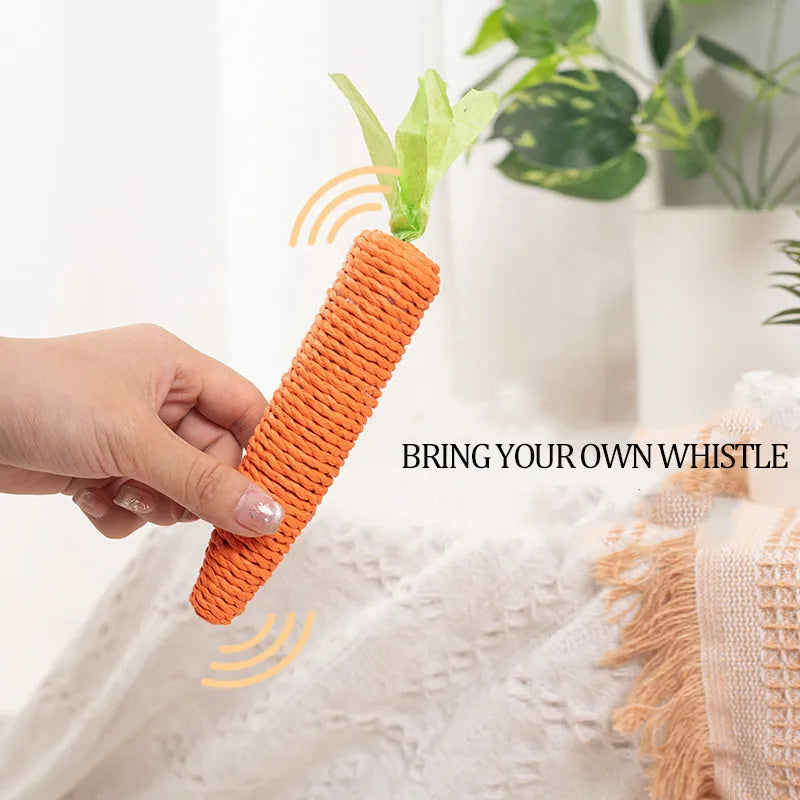 Set of interactive cat toys including paper carrot bites, sticks, and toys with ringing stones.