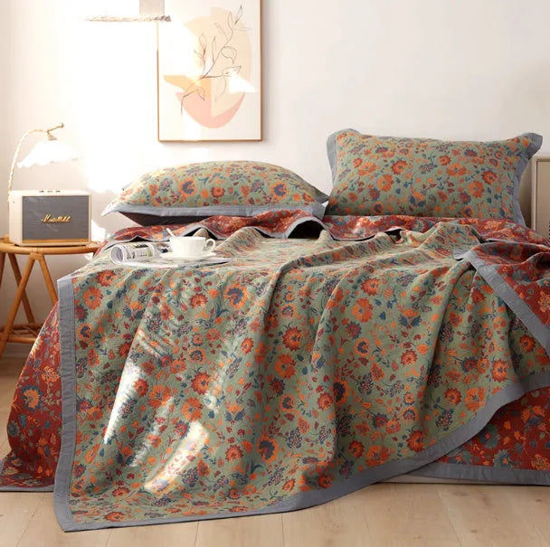 Cotton gauze blanket and pillowcase set with floral pattern in three size options
