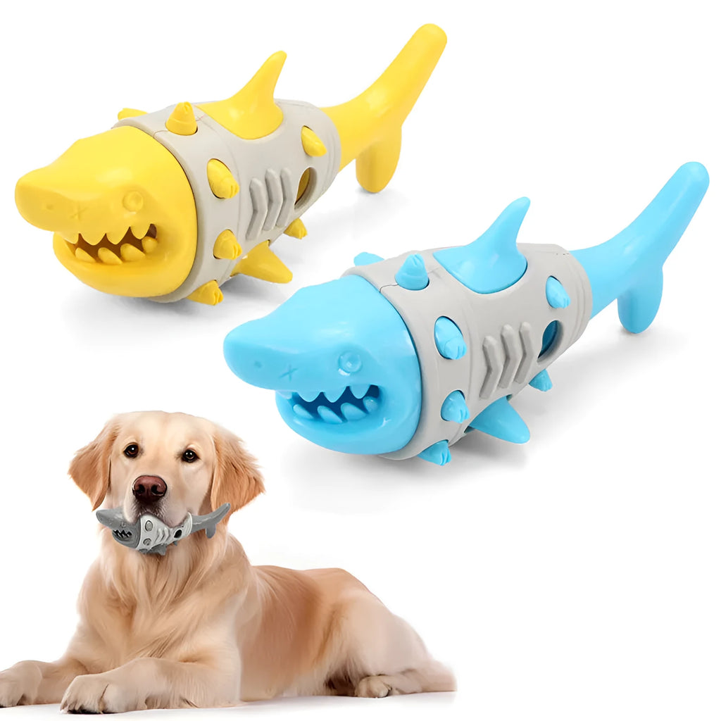 Blue, grey, and yellow dog chew toy with shark-tooth texture design.