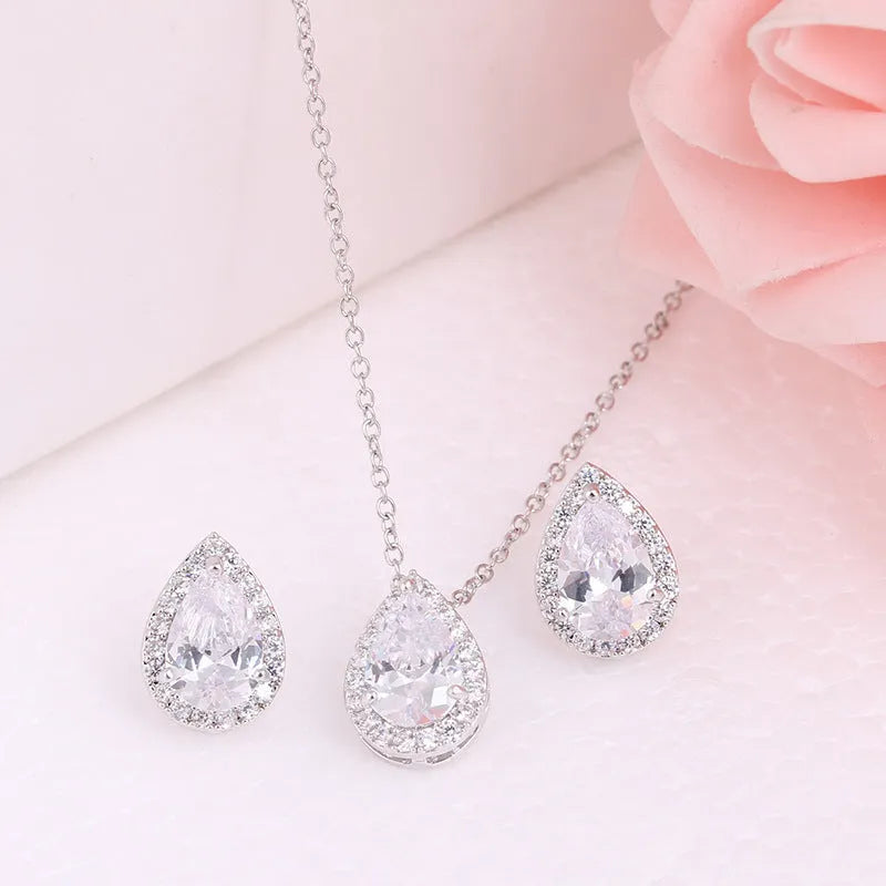 Water drop gemstone necklace and earrings jewellery set in copper and zircon, adjustable chain 51-80cm, rose gold finish