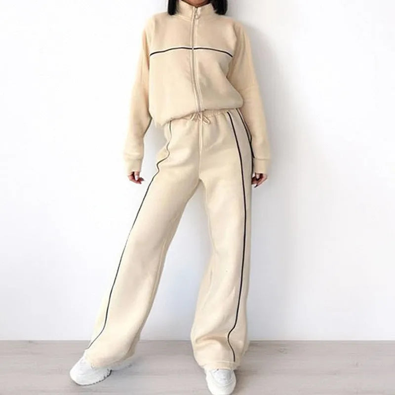Women's two-piece casual suit with mock neck hoodie and striped trousers in apricot colour