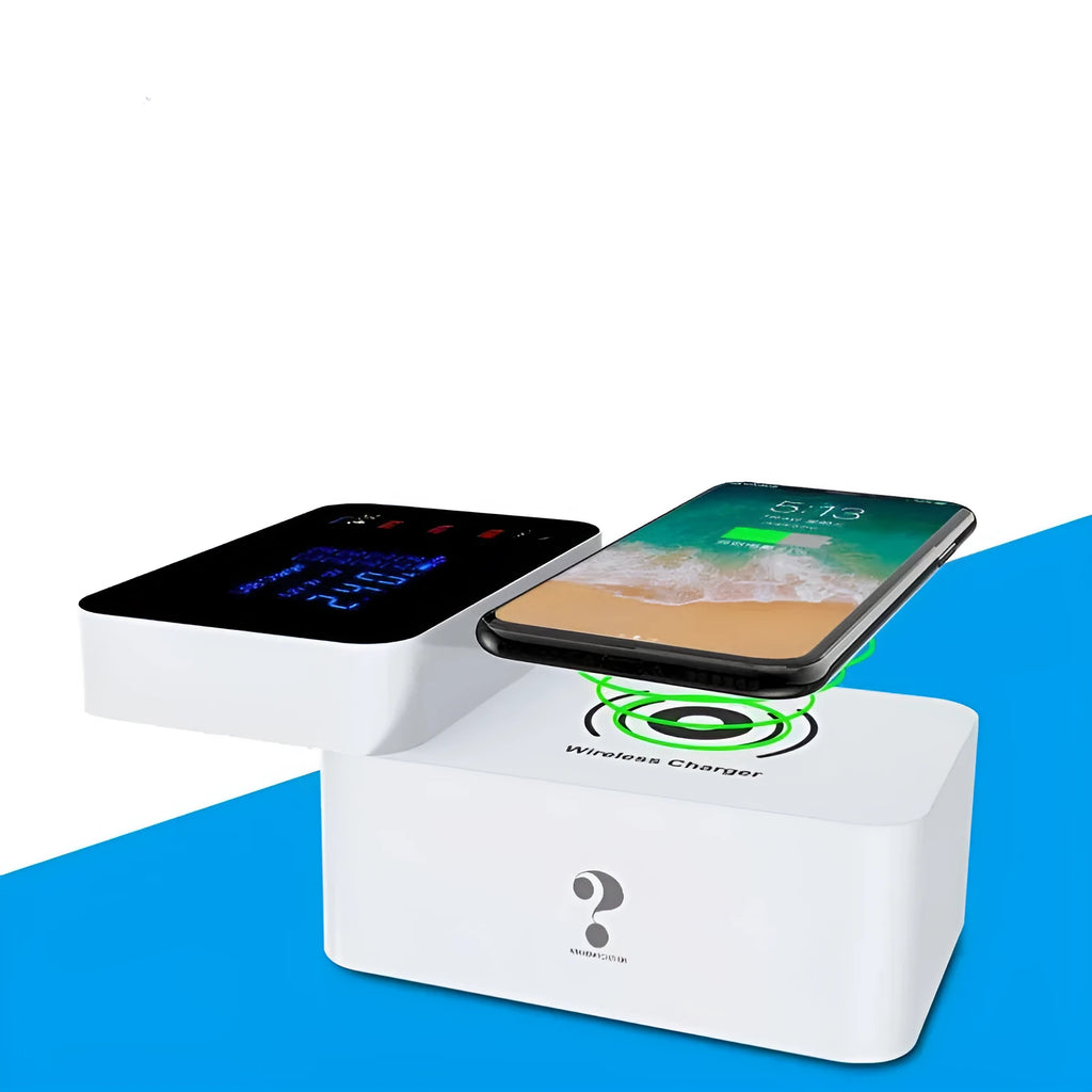White multi USB port fast charger with 1.5 metre cable and optional plug adapters
